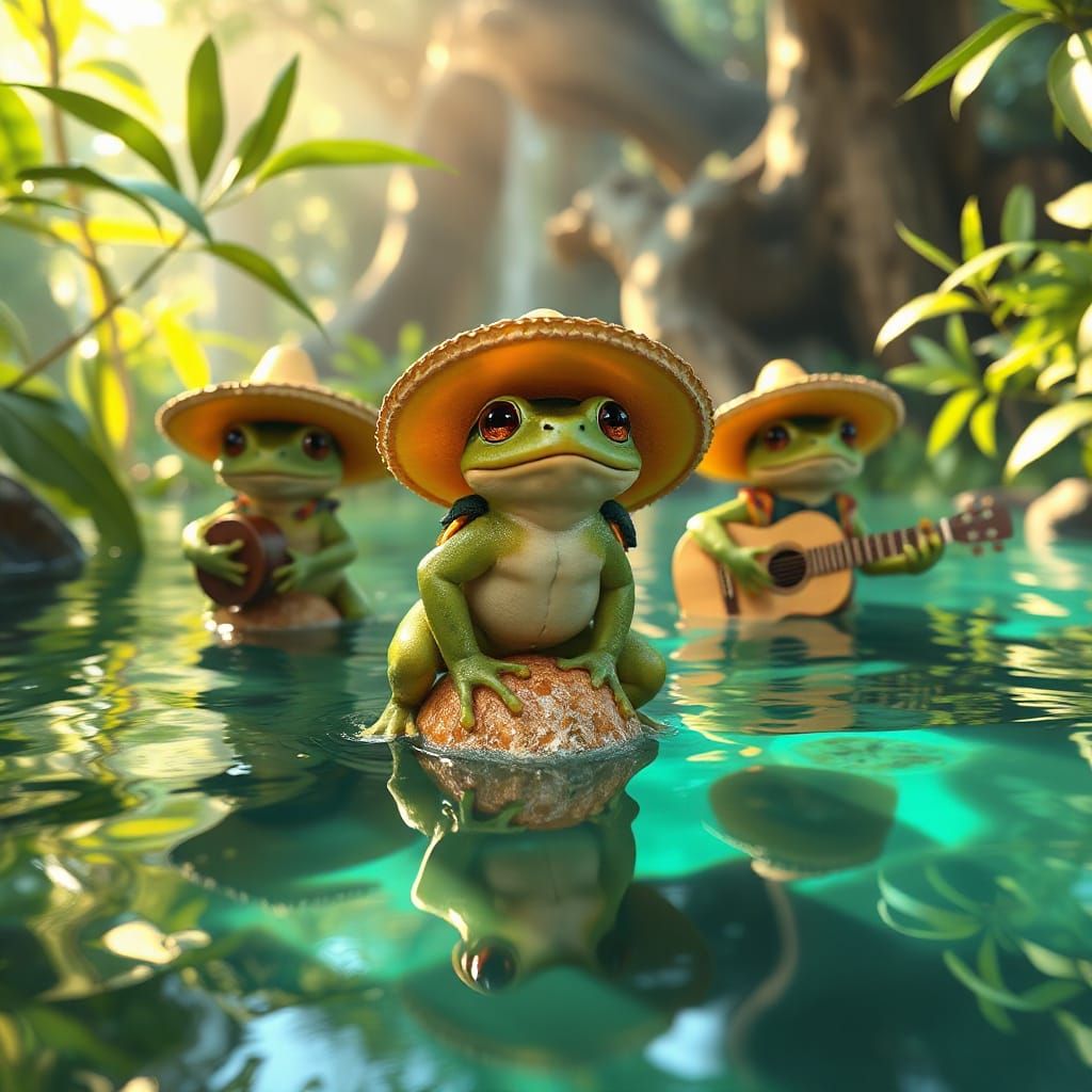 Frog Mariachi Band in Lush Emerald Swamp: 3D Anime Art