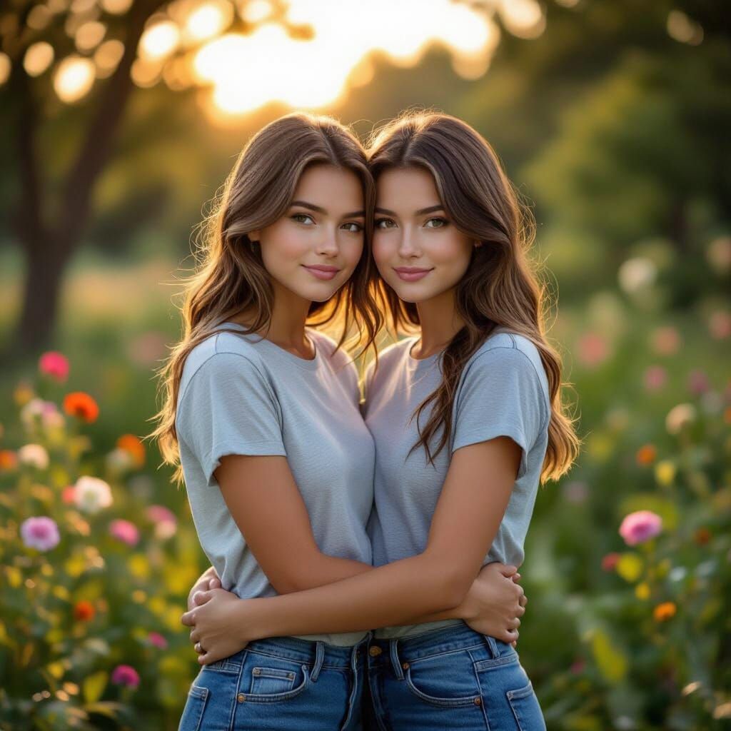 Girls Embrace in Golden Dusk Light