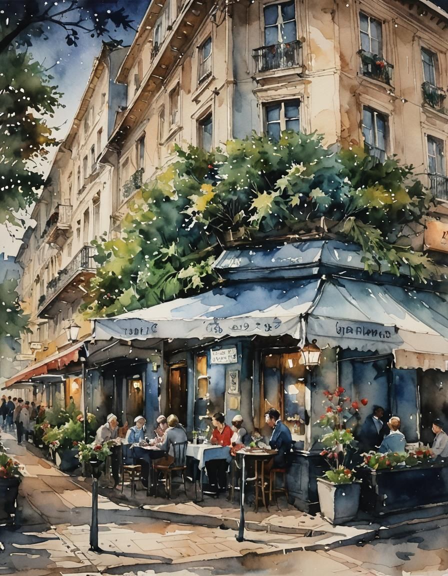 Watercolor Night Scene of Cityscape