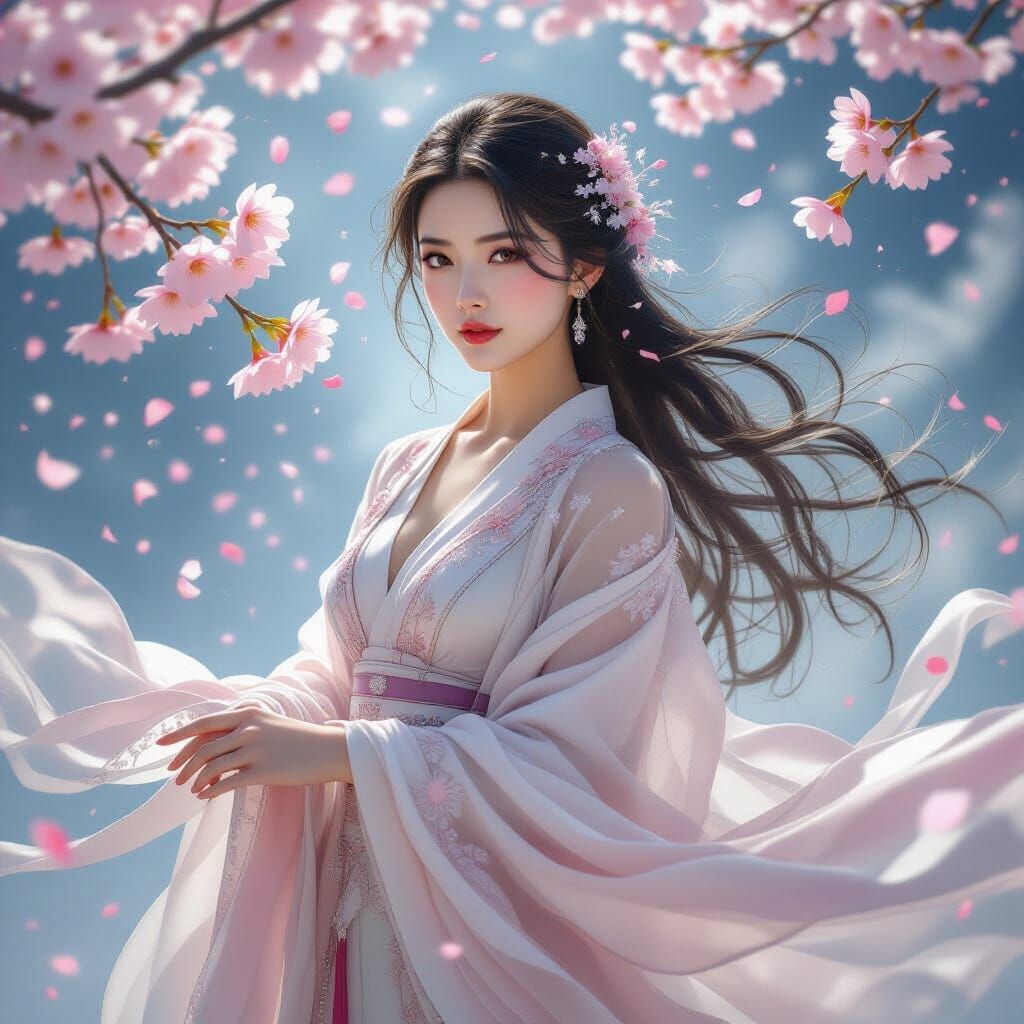 Ethereal Woman with Sakura Blossoms in Celestial Dream