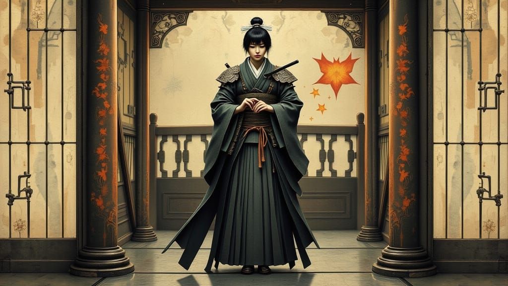 Ancient Japanese Samurai and Geisha in a Whimsical Moment