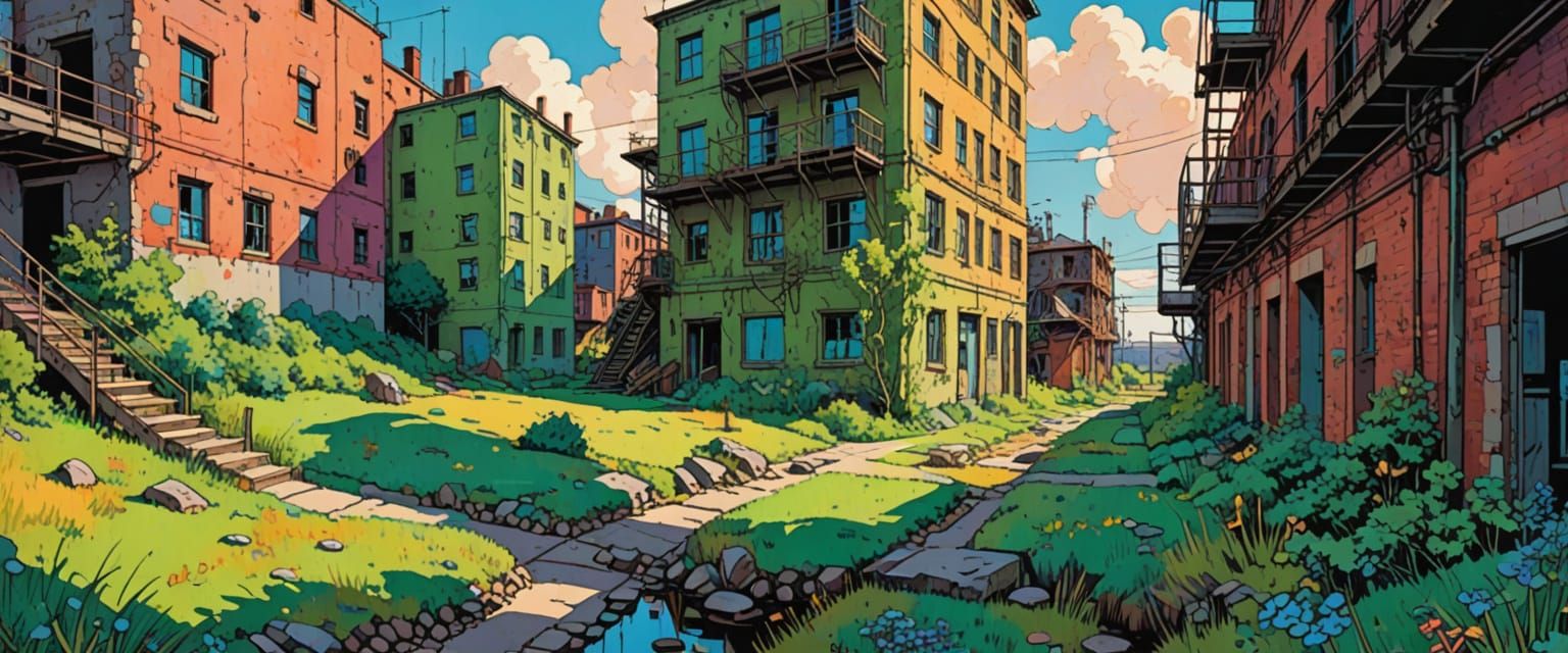 Comic Book Style Industrial Wasteland with Watercolors