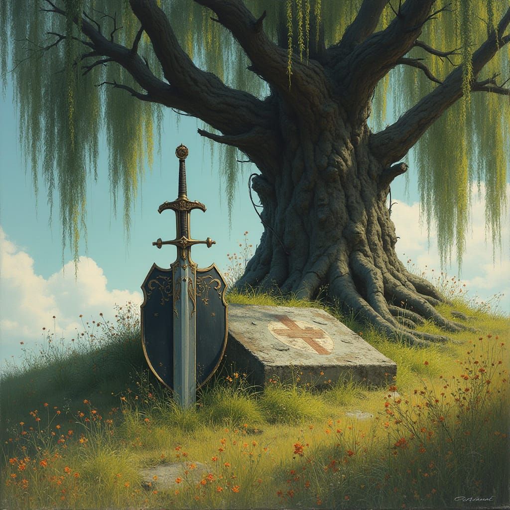 Sword and Shield on Grave in Dramatic Lighting