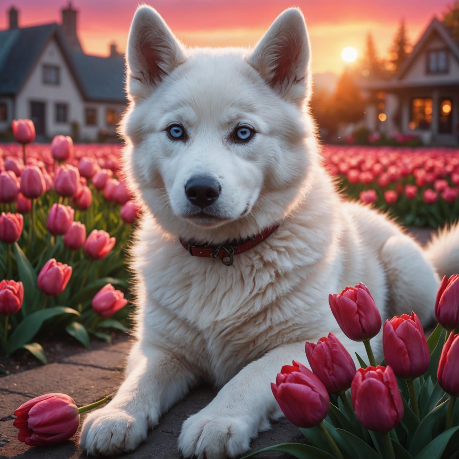 Husky Puppy in Tulip Field at Magenta Sunset