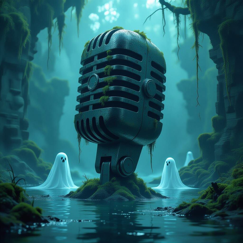 Ancient Stone Microphone in Misty Swamp with Ethereal Ghosts