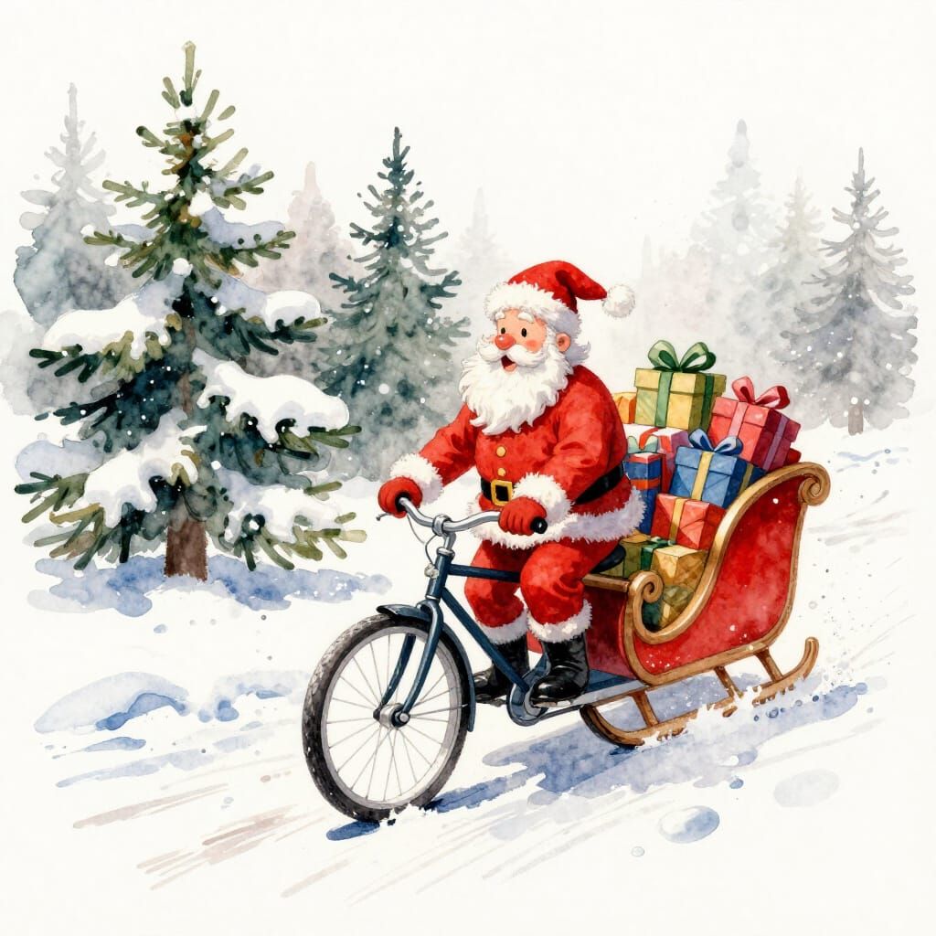Watercolor Santa on Bike with Presents