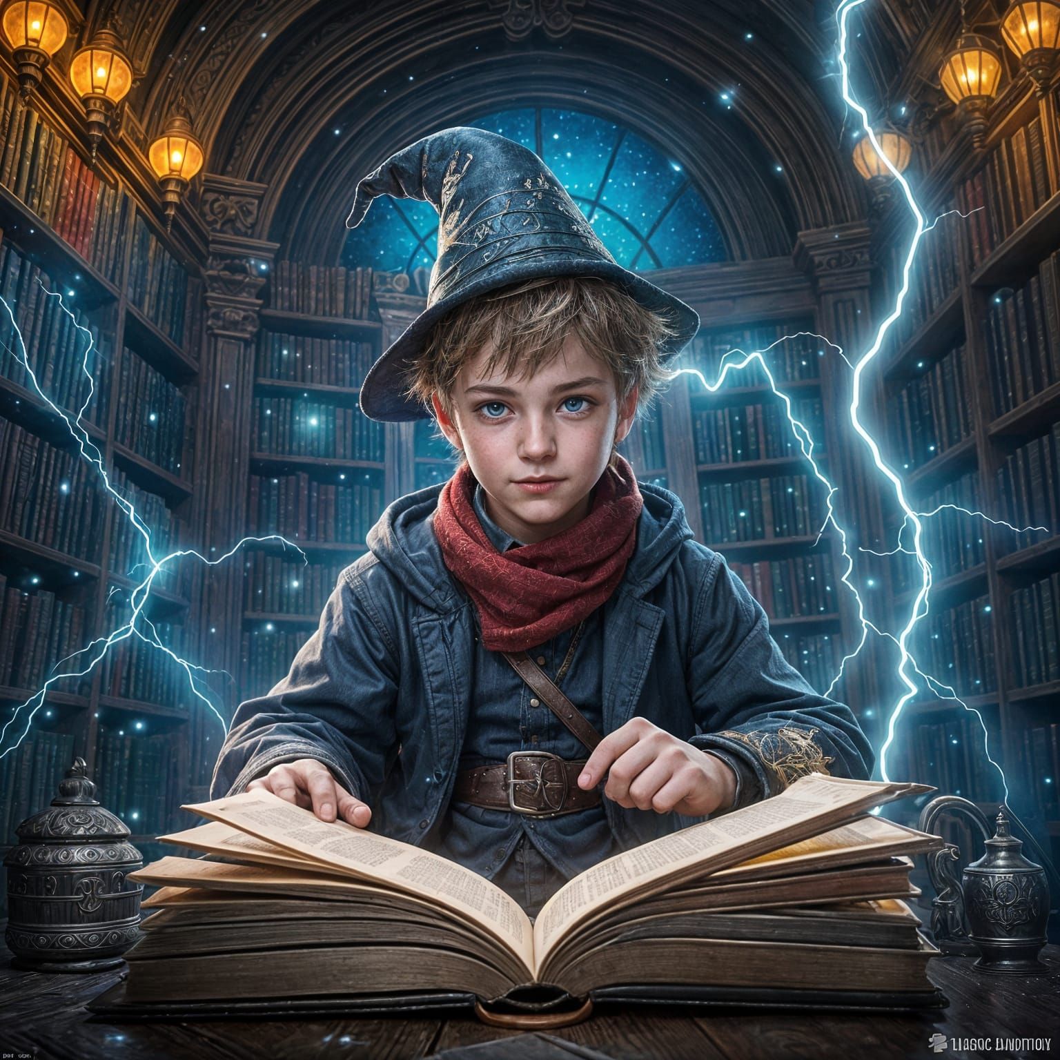 Boy Wizard Immersed in Magic Library