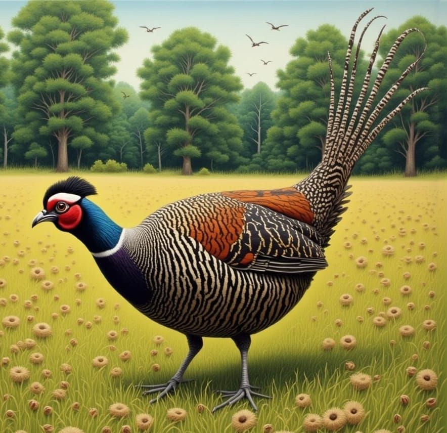 Pheasant Portrait in Grassy Meadow, Acrylic Painting