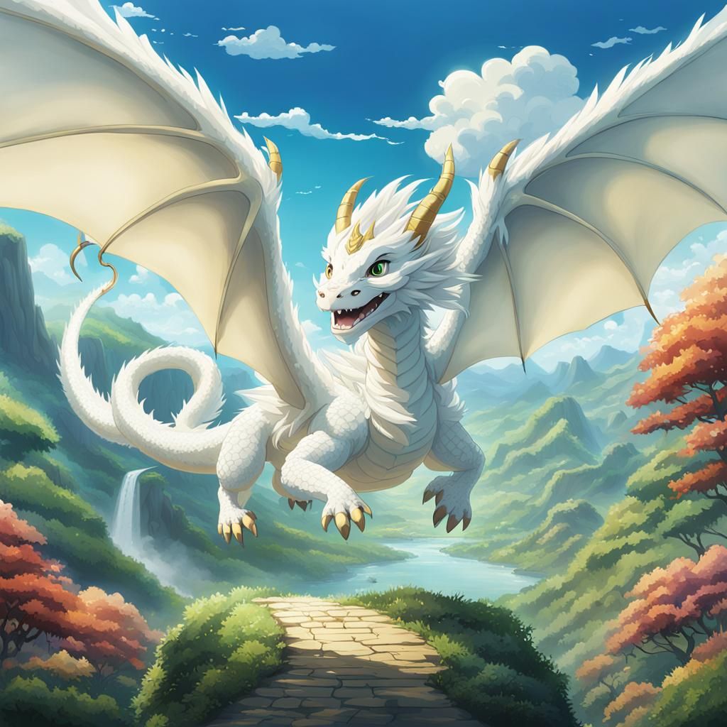 Fluffy White Luck Dragon in Anime Style