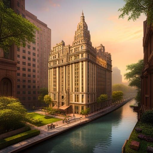 Art Deco Canal with Lush Gardens