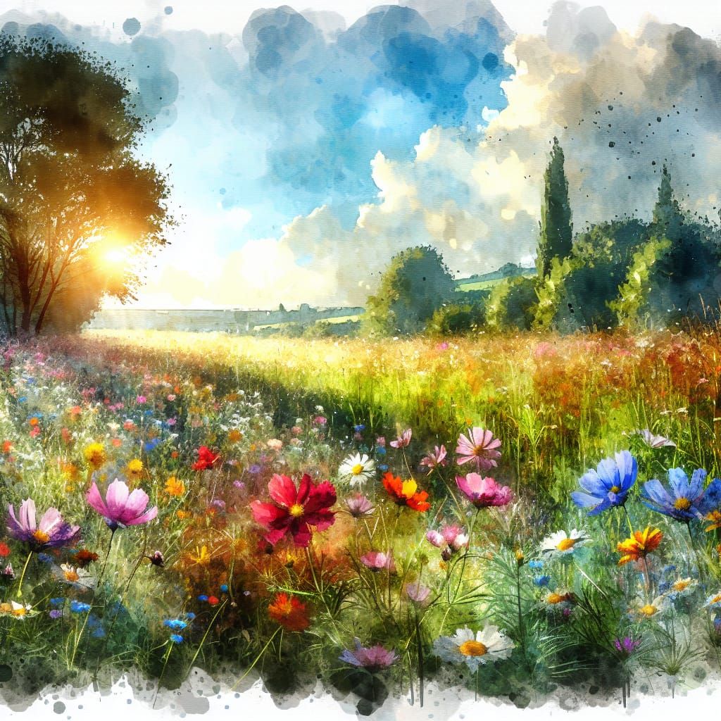 Sunlit Wildflower Field in Watercolor Style