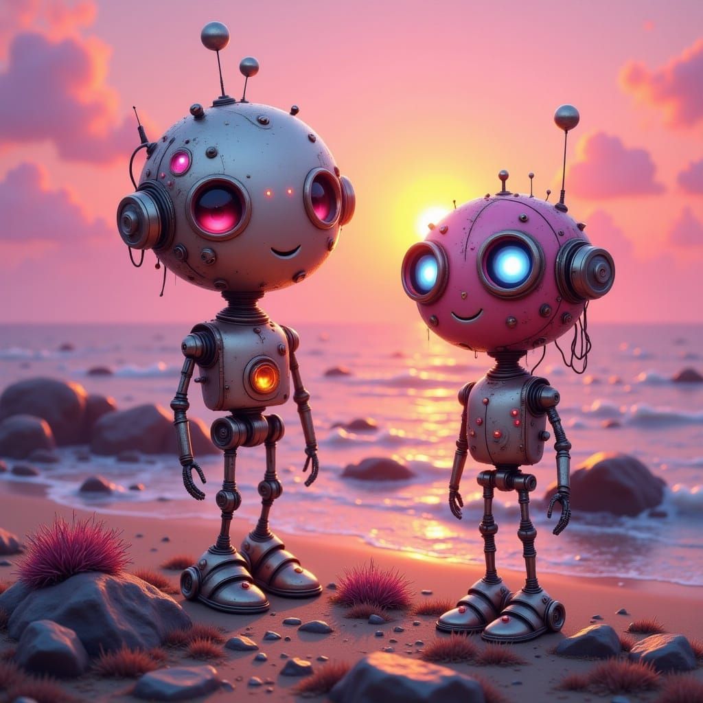 Surreal Sunset Robot in Urbanpunk Style