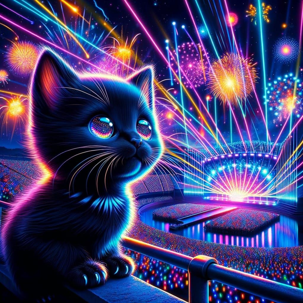 Kitten Amazed by Neon Stadium Spectacle