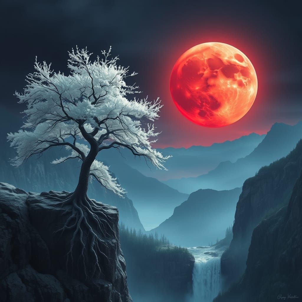 White Tree on Cliff Edge Under Blood Moon