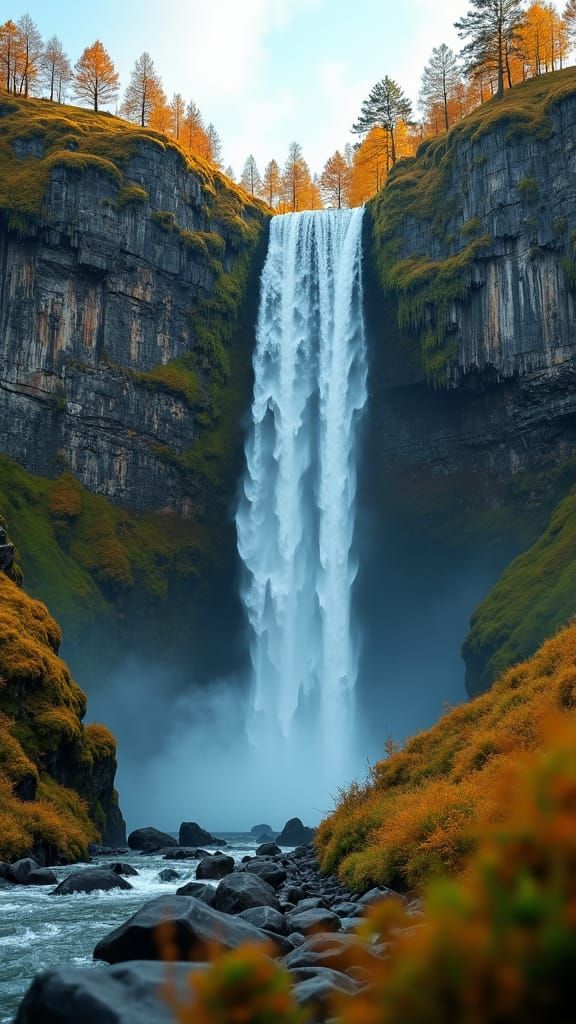 Majestic Waterfall Cascades Down Mossy Cliff
