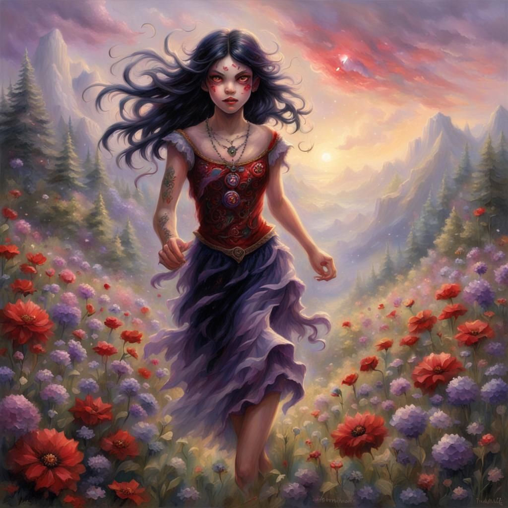 Demon Girl Running Through Flower Field
