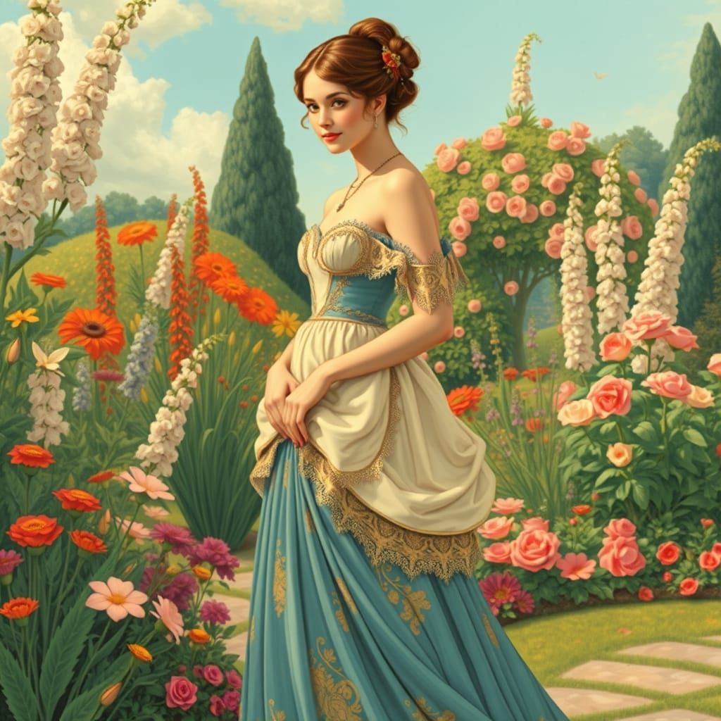 Elegant Woman in Garden, Art Nouveau Style