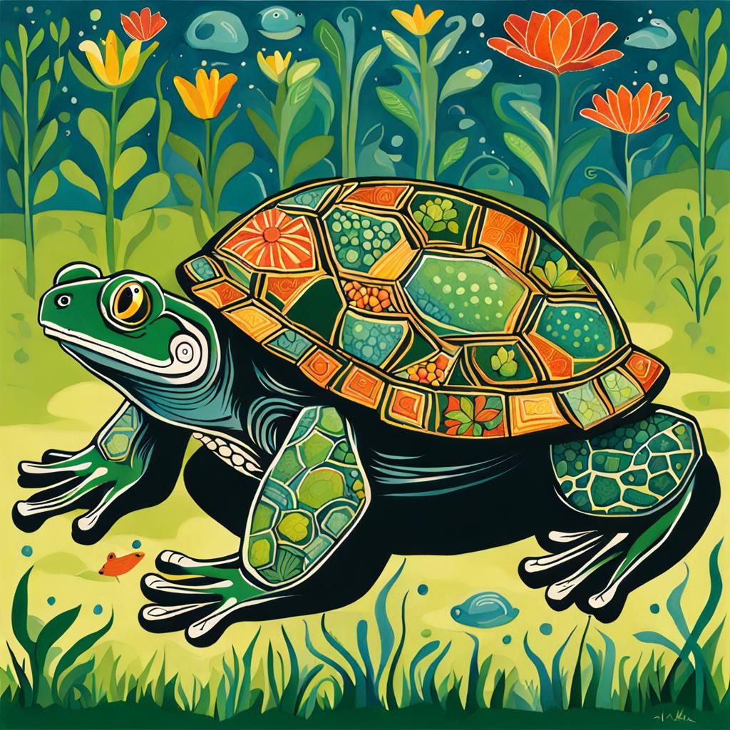 Frog Turtle in Naive Art Style