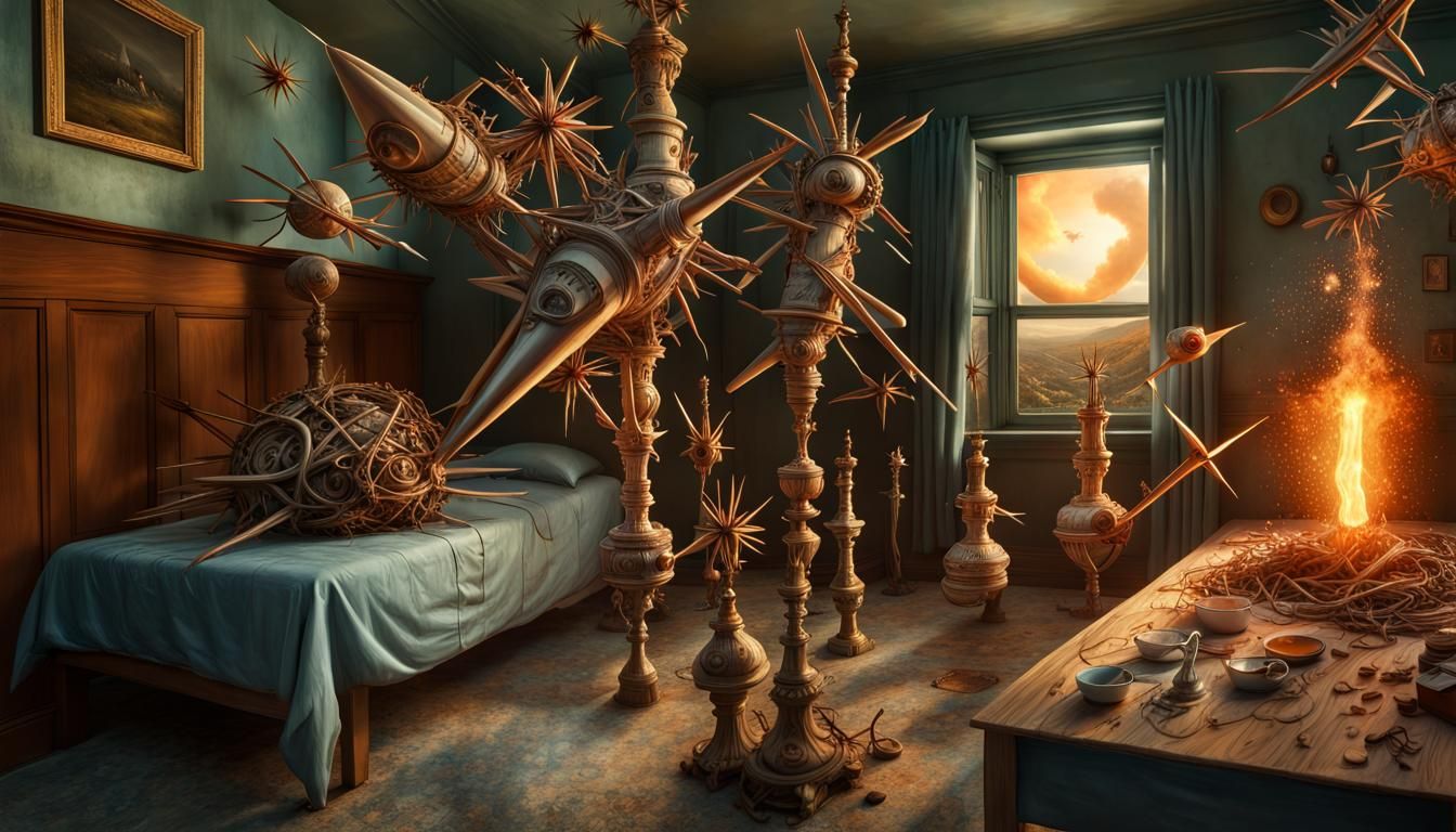 Surreal Rockets and Houses in Dreamlike Landscape