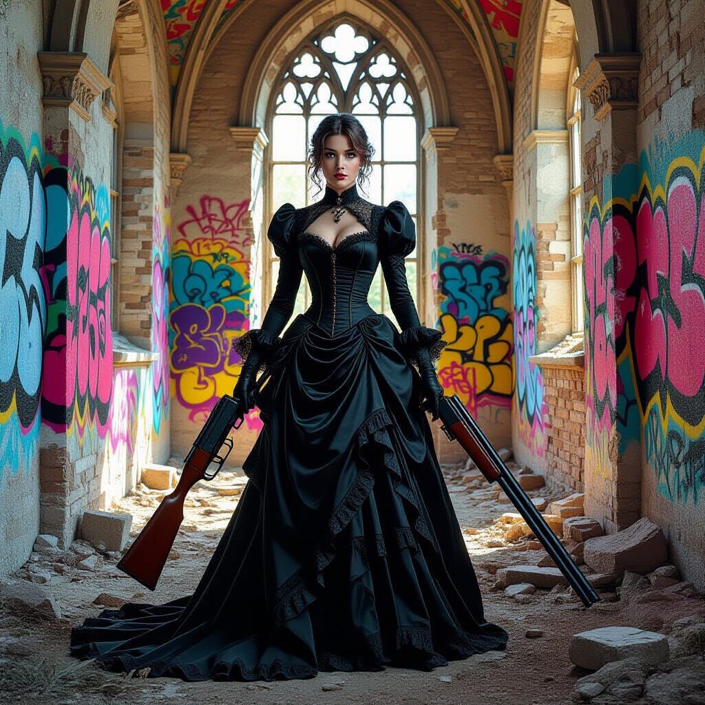 Victorian Woman with Shotgun in Ruined Church
