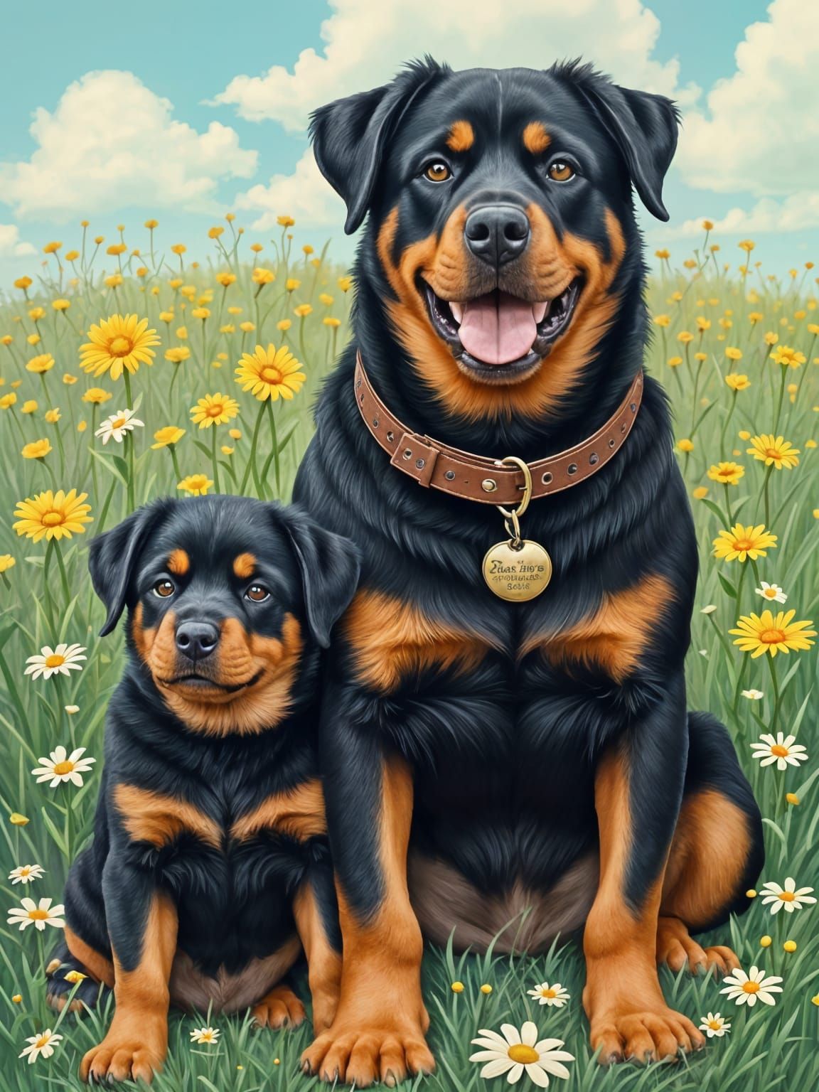 Rottweiler Mother and Puppy in a Sunny Daisy Field
