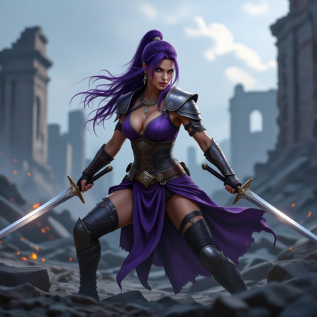 Warrior Woman in Combat Ready with Swords