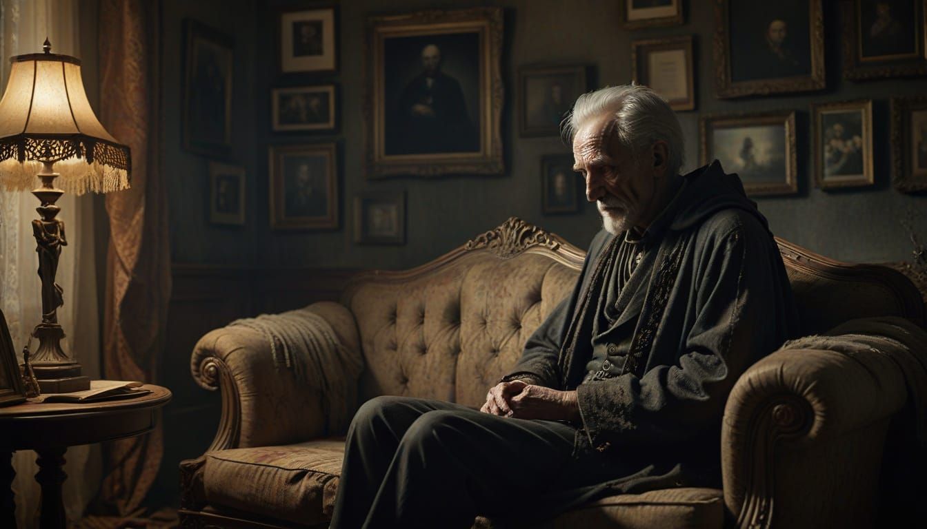 Contemplative Old Man and Death in Semi-Realistic Digital Pa...