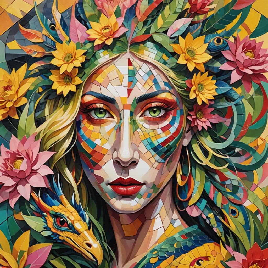 Dragon Peacock Woman Portrait in Cubist Style