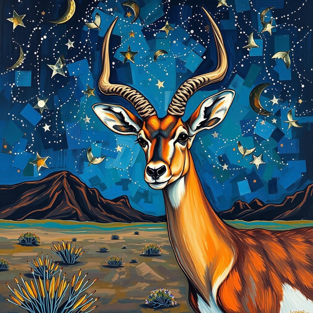 Antelope Portrait Under Starry Sky, Impasto Oil Painting