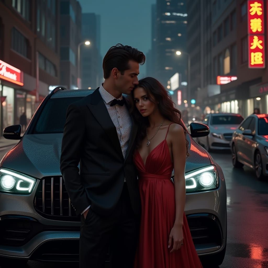 Luxury Nighttime Urban Scene with Lovers and High-End Cars