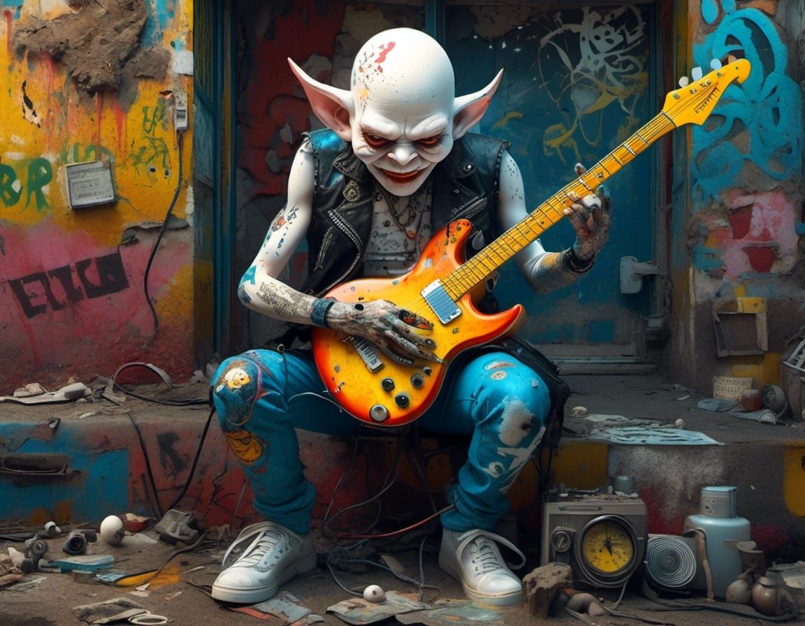 Cyberpunk Humpty Dumpty Guitarist in Dystopian Setting