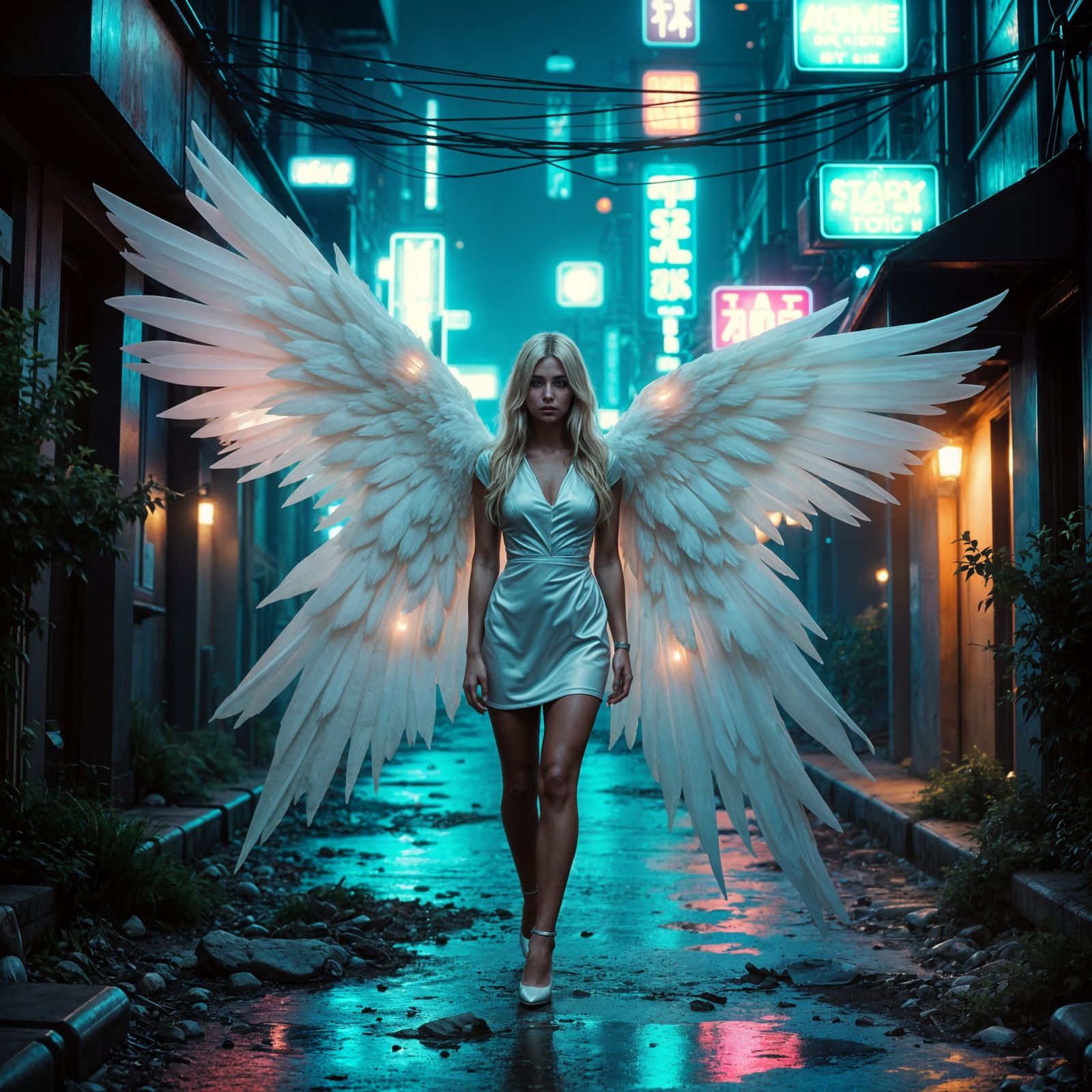Cyberpunk Angel Drifts Through Futuristic City Streets