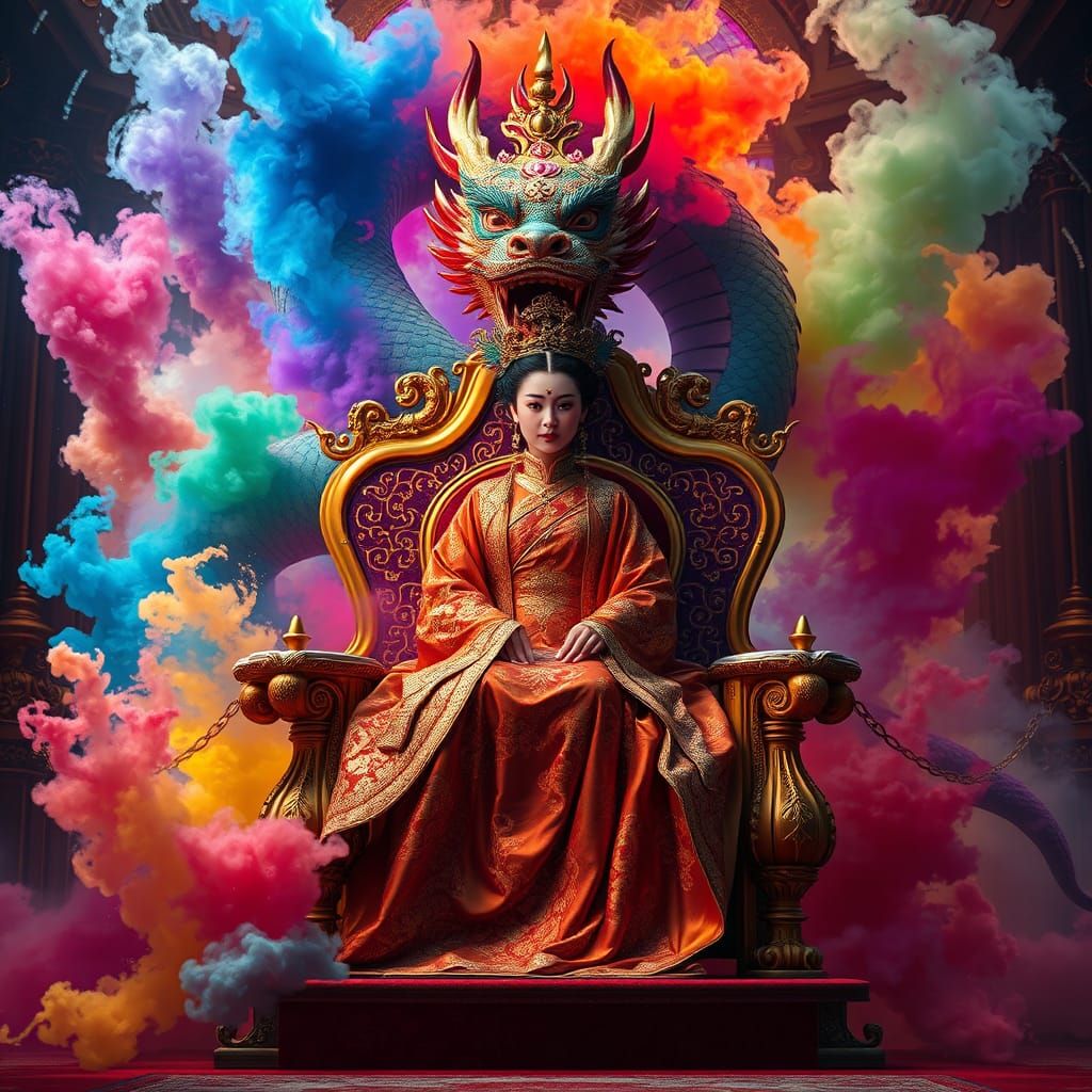 Opulent Empress Enthroned with Dragon in Fantasy Art