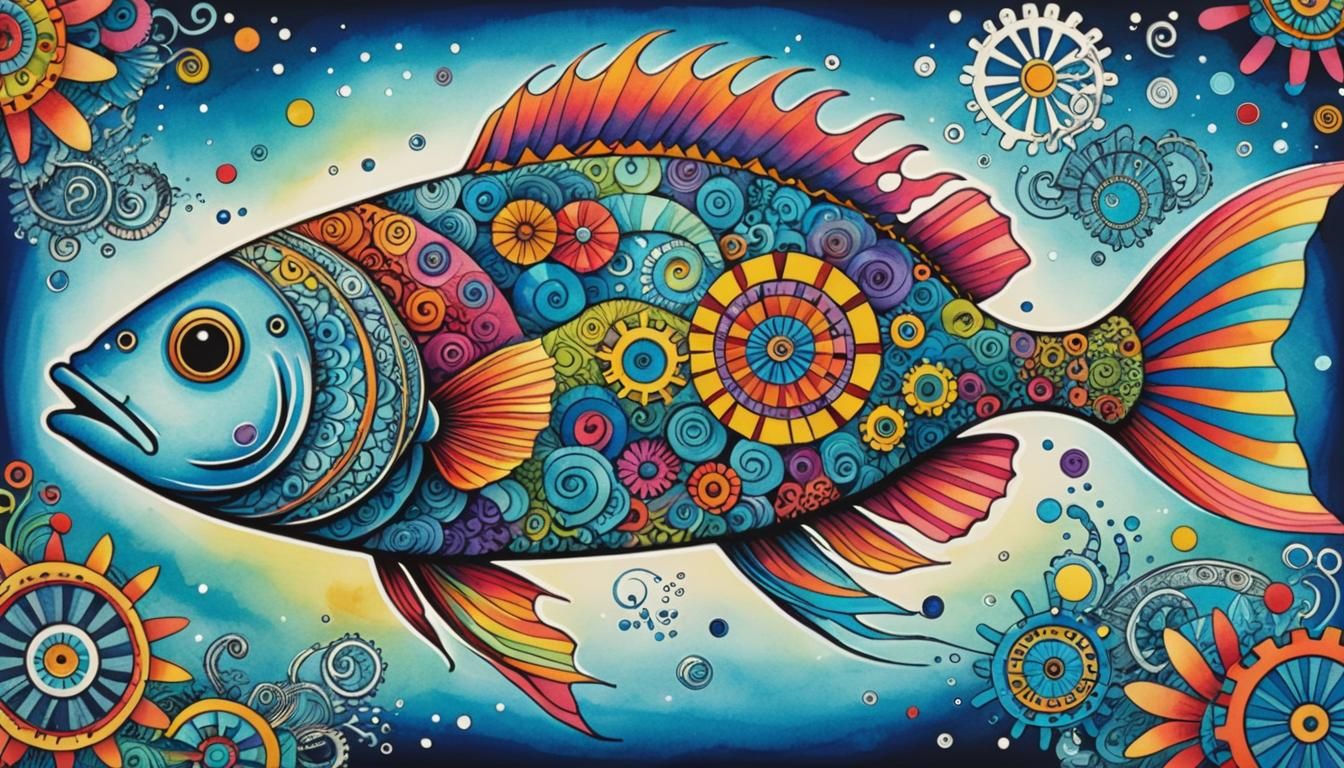 Vivid Zentangle Fish Swimming Through Time
