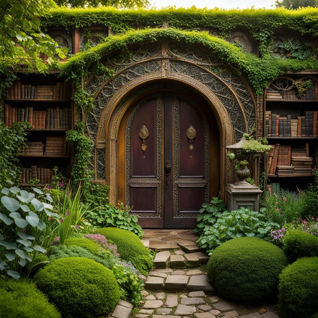 Enchanted Garden Portal with Glowing Books