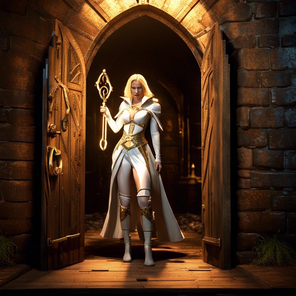 Emma Frost Opens Dungeon Door: Hyperrealistic 3D Render