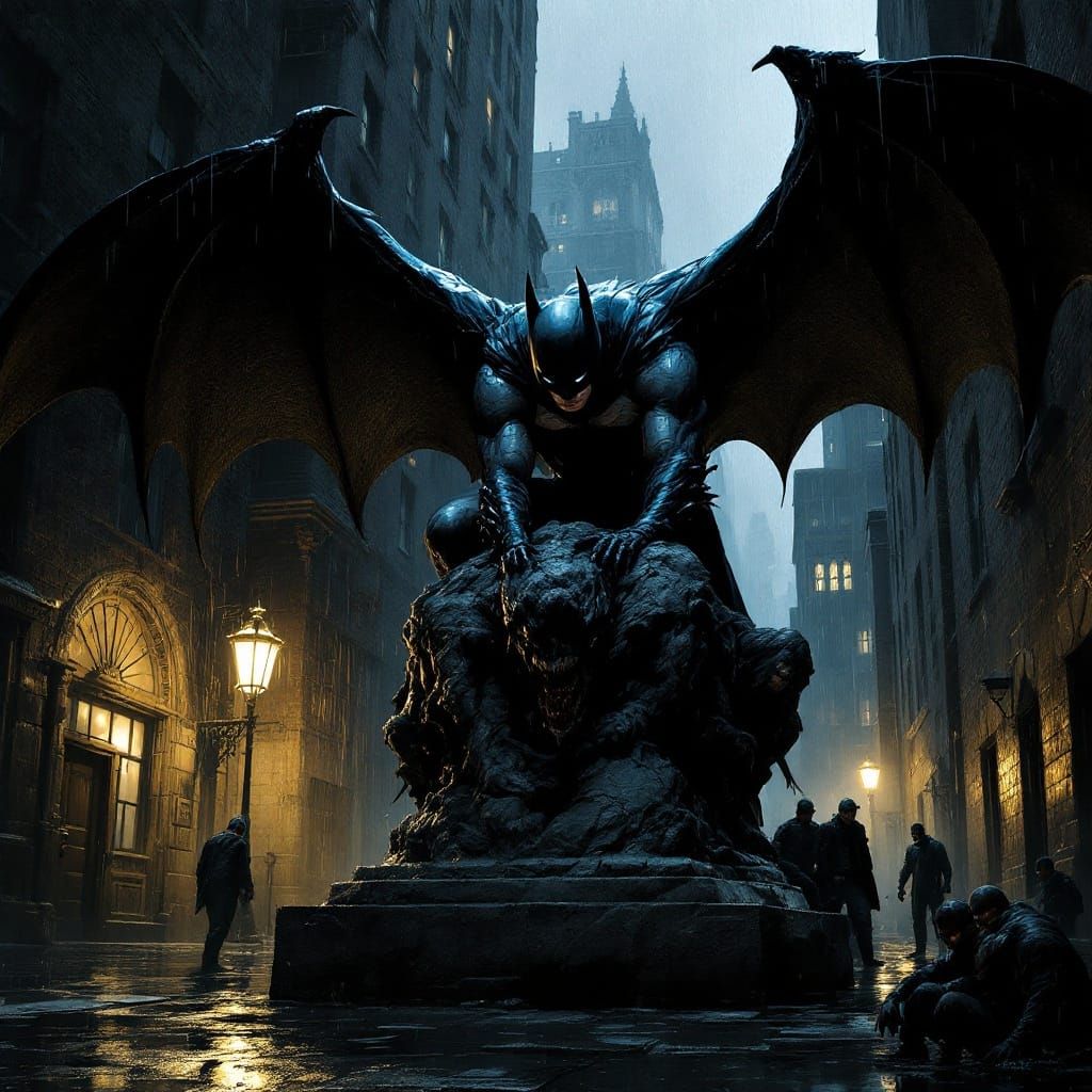 Gothic Knight Watches Over Rain-Soaked City Streets