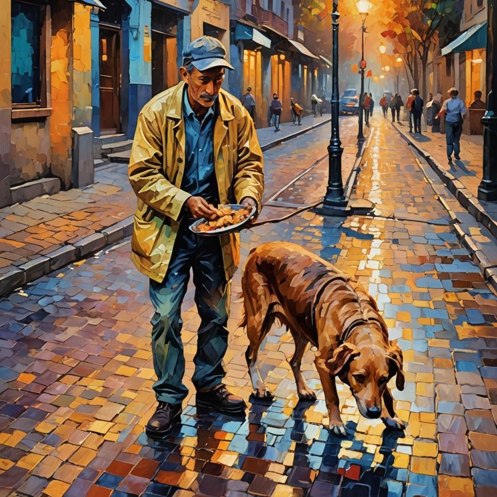 Neo-Impressionist Beggar Feeding Dog in Expressionist Style
