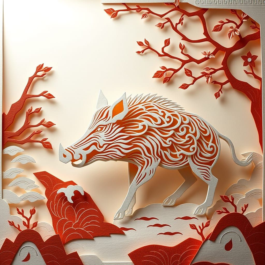 Intricate Japanese Papercut Wild Boar Art