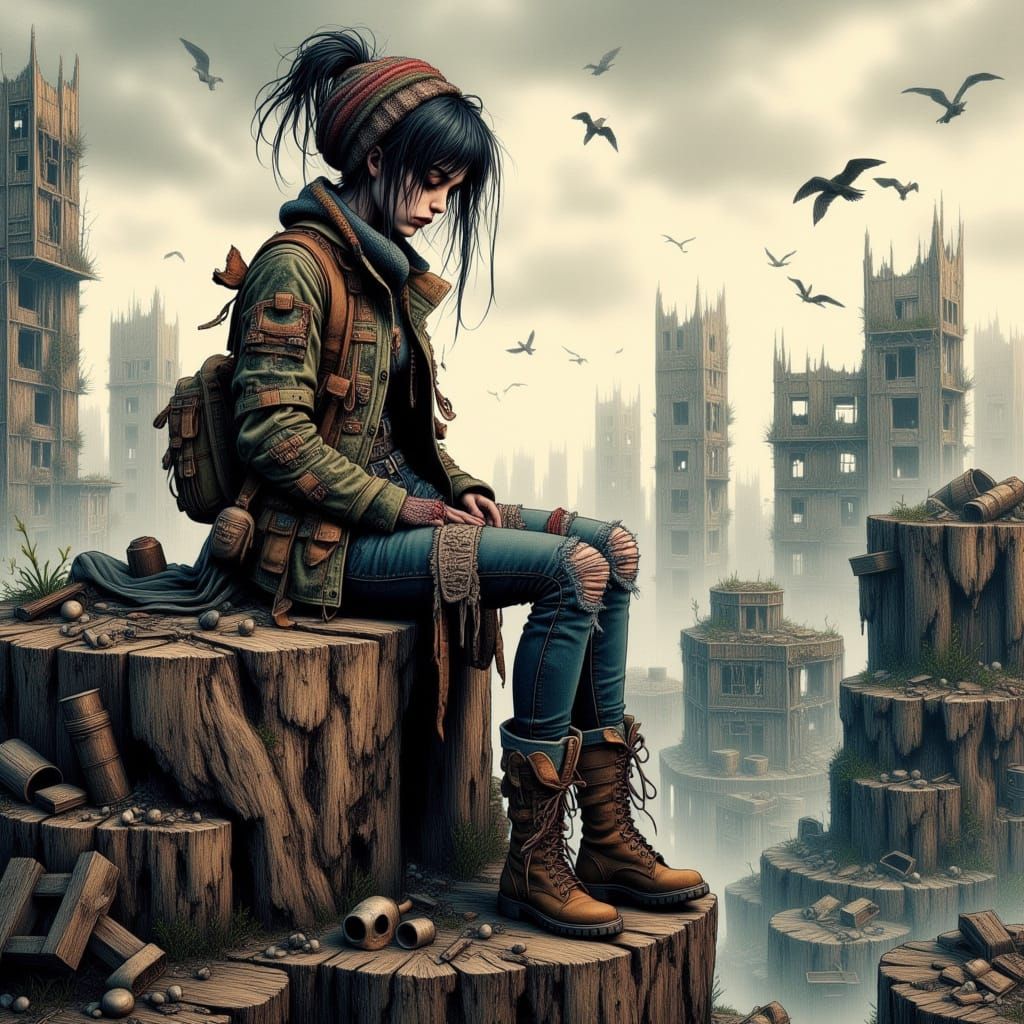 Surreal Whimsical Goddess Amidst War Torn City Ruins