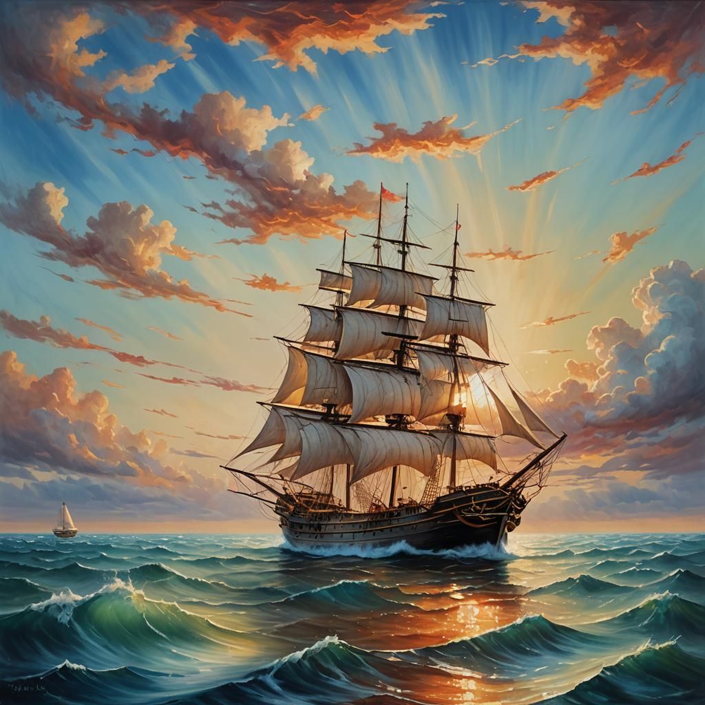 Surrealist Ship at Sea: Dreamlike Oil Painting