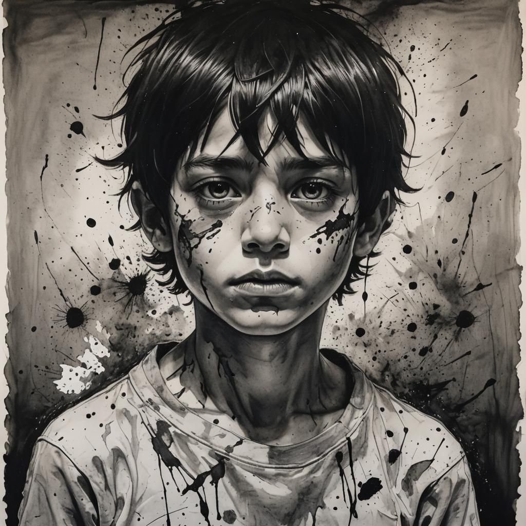 Dramatic Charcoal Portrait of Boy in Ink