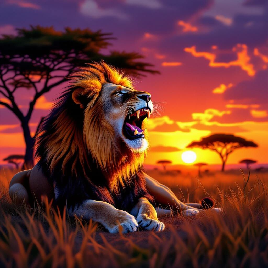 Majestic Lion Roaring on African Savannah at Golden Hour