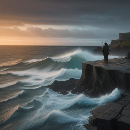 Moody Fisherman Casting Line at Dramatic Sunset