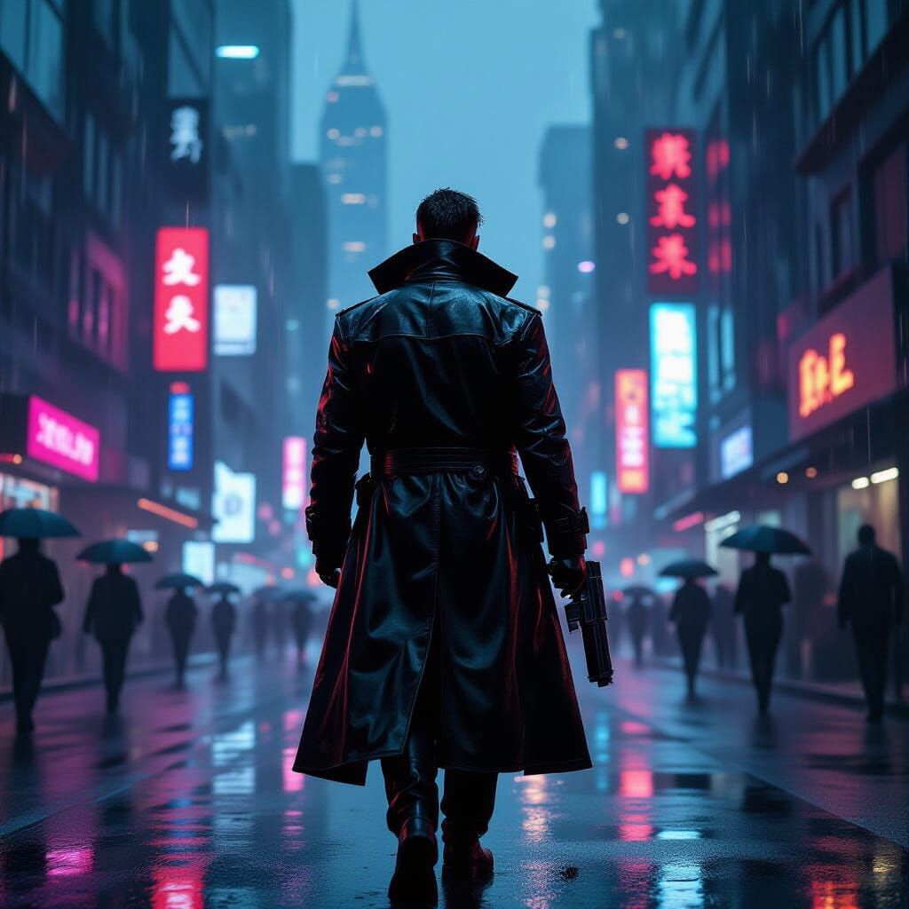 Cyberpunk Robot with Gun in Neon Rain Street