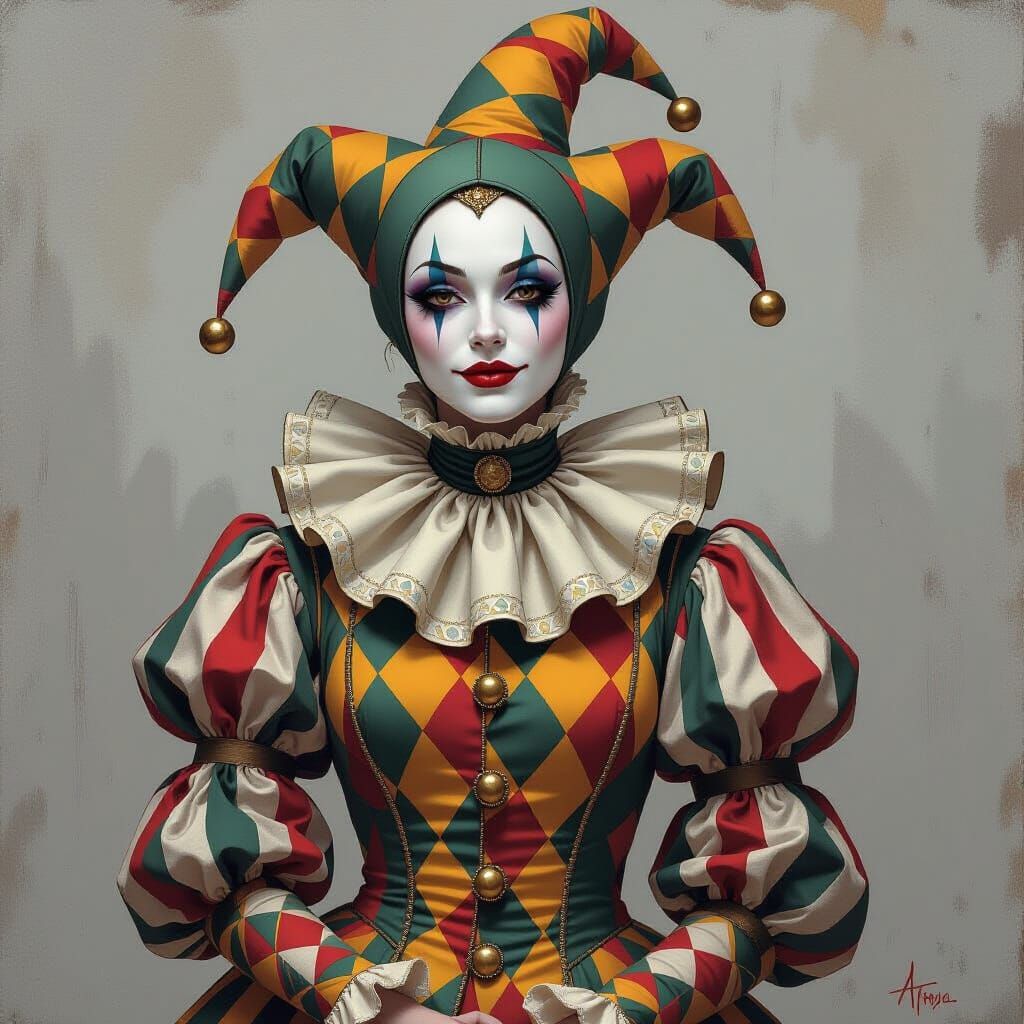 Grey Lady Jester in Elaborate Harlequin Costume