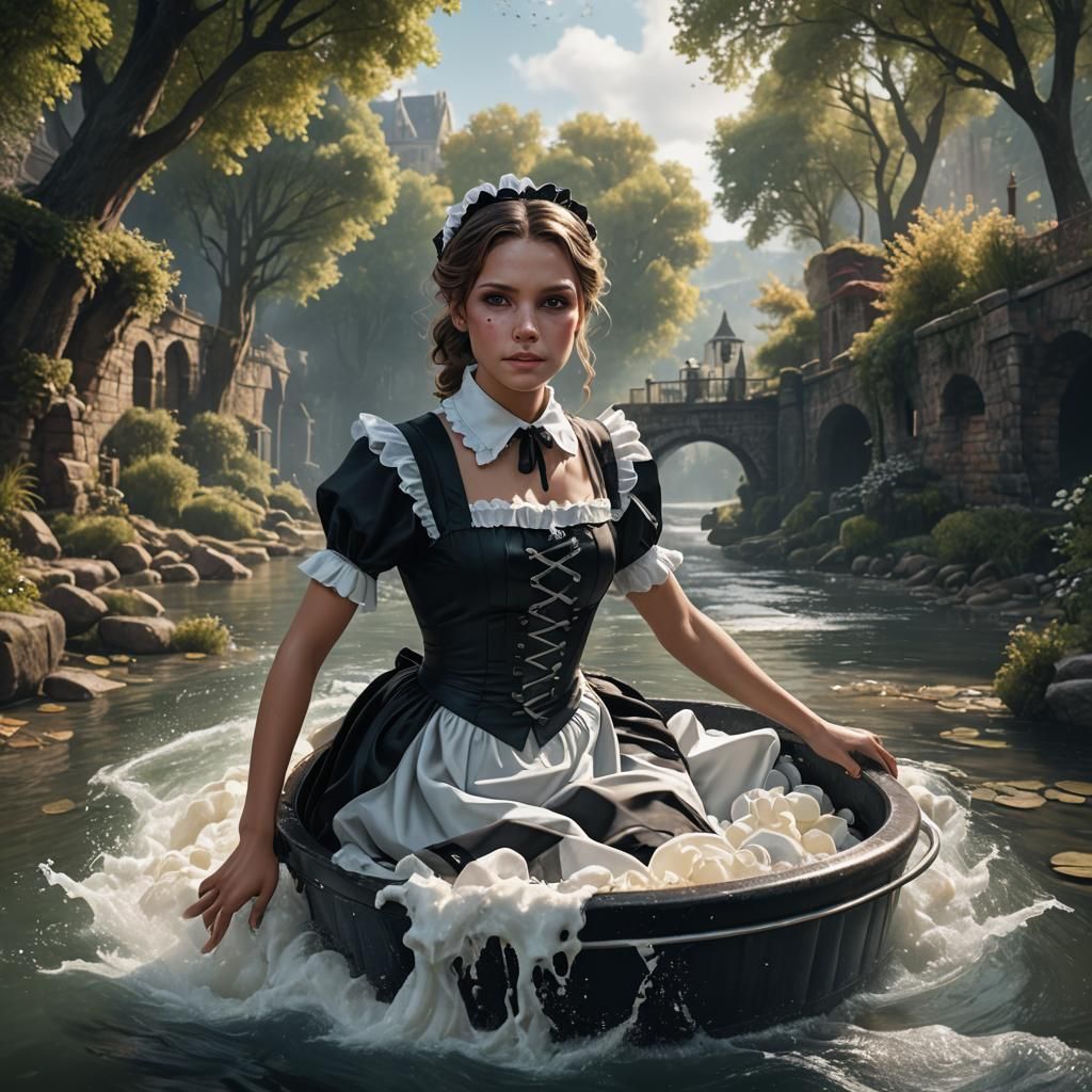 French Maid's River Journey: Detailed Matte Painting
