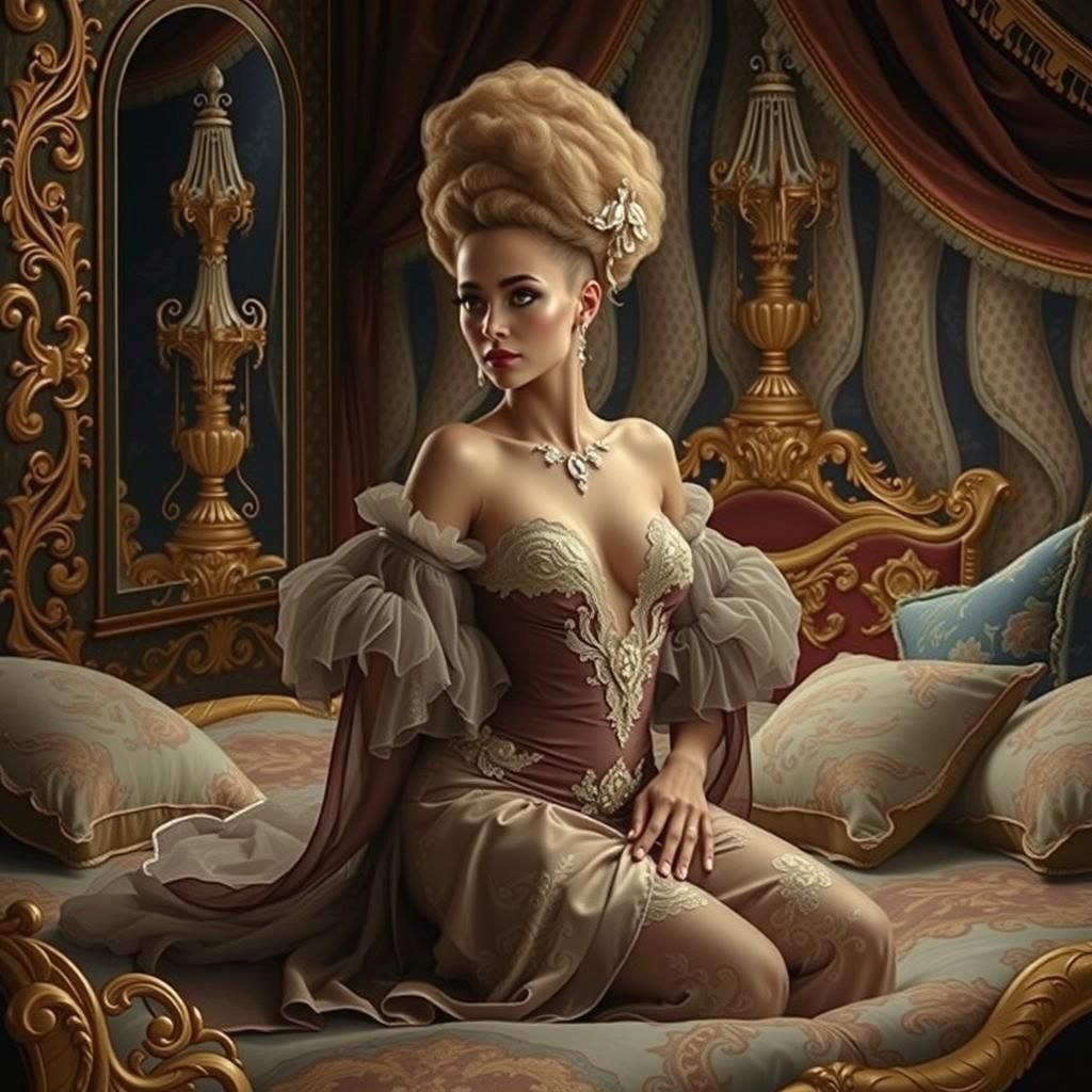 Elegant Model in Boudoir, Rococo-Inspired Glamour