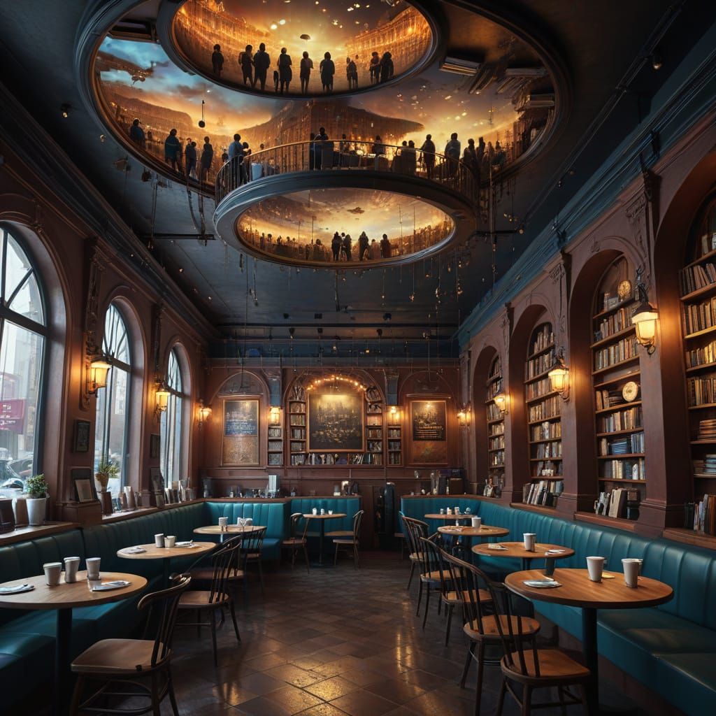 Surreal Cafe with Upside Down Tables and Floating Coffee Cup...