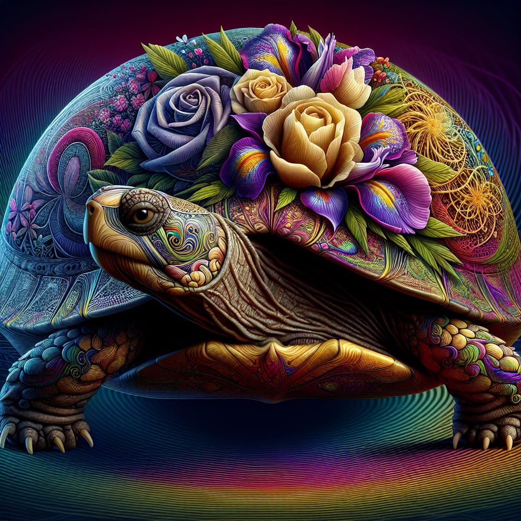 Turtle Shell Adorned with Exotic Flora
